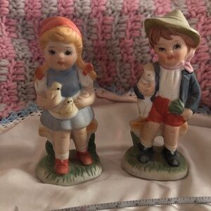 Vintage Ceramic Boy and Girl Figurine Pair - Pastel Colors